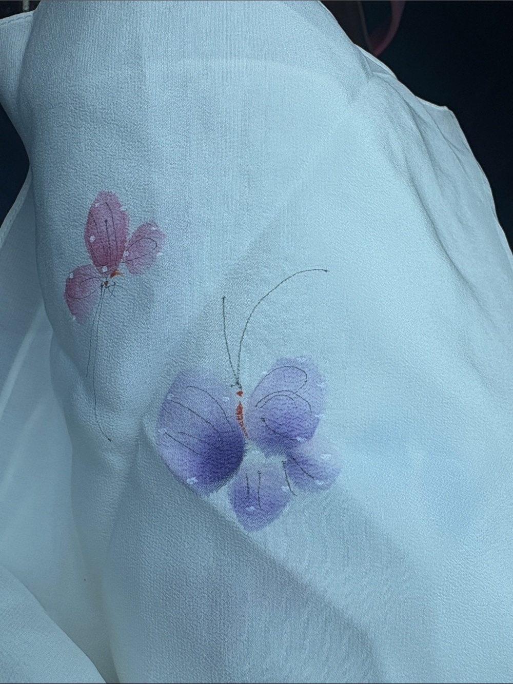 Source Unknown White Scarf with Purple and Pink Butterfly Motif
